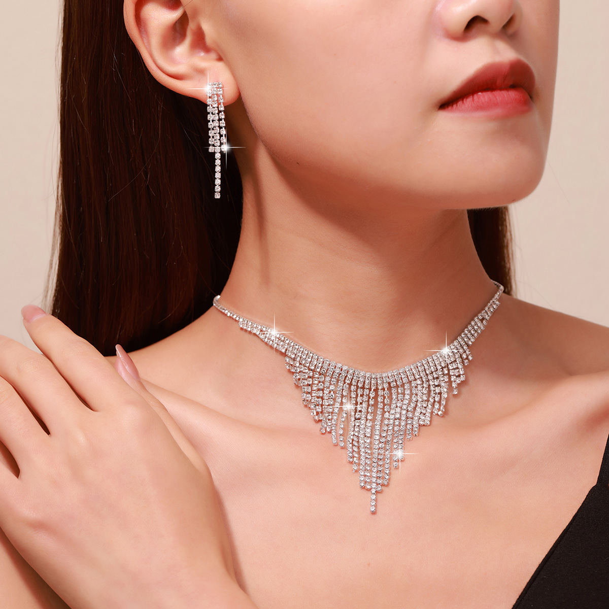 Women Crystal Rhinestone Jewelry Set With Waterfall Necklace and Drop Earrings